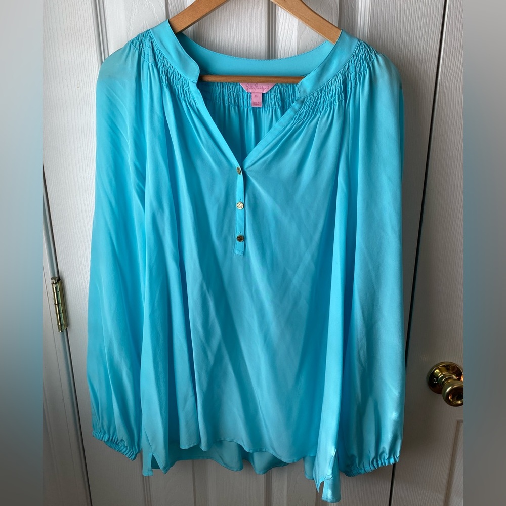 Lilly Pulitzer Elsa Silk Turquoise Blue Long Sleeve Blouse Top